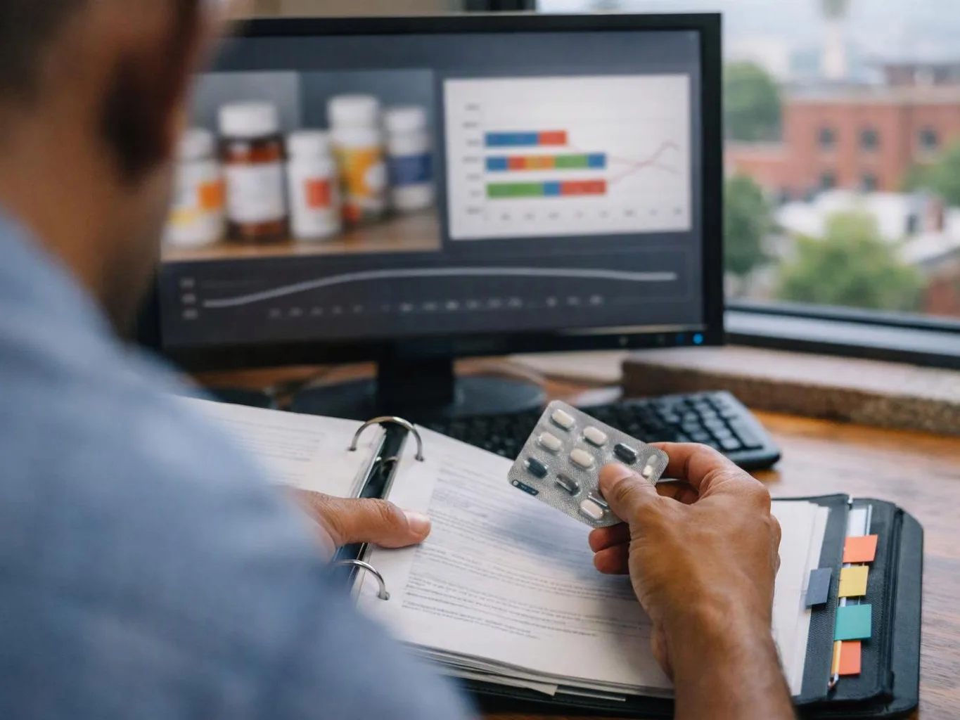 A person studies a ring binder and holds a blister pack of pills beside a computer screen with charts