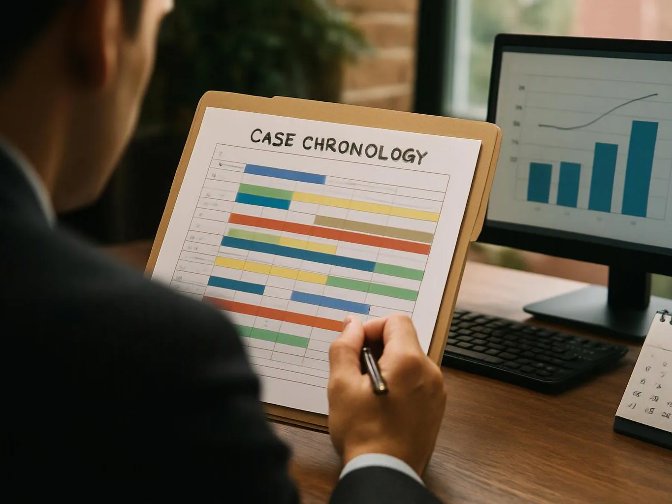 A person in a suit writes on a case chronology chart beside a computer with bar graphs