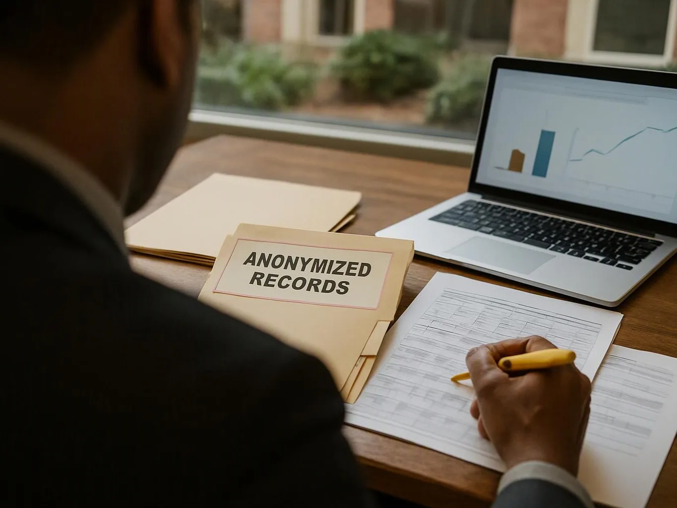 A person in a suit writes on paperwork beside a laptop and a folder labeled “ANONYMIZED RECORDS”