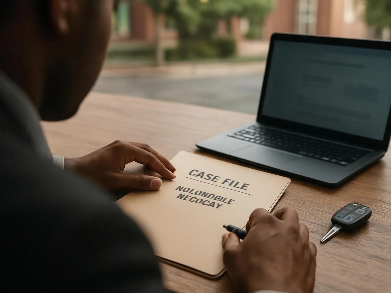 A person writes on a case file beside a laptop and car key on a wooden table