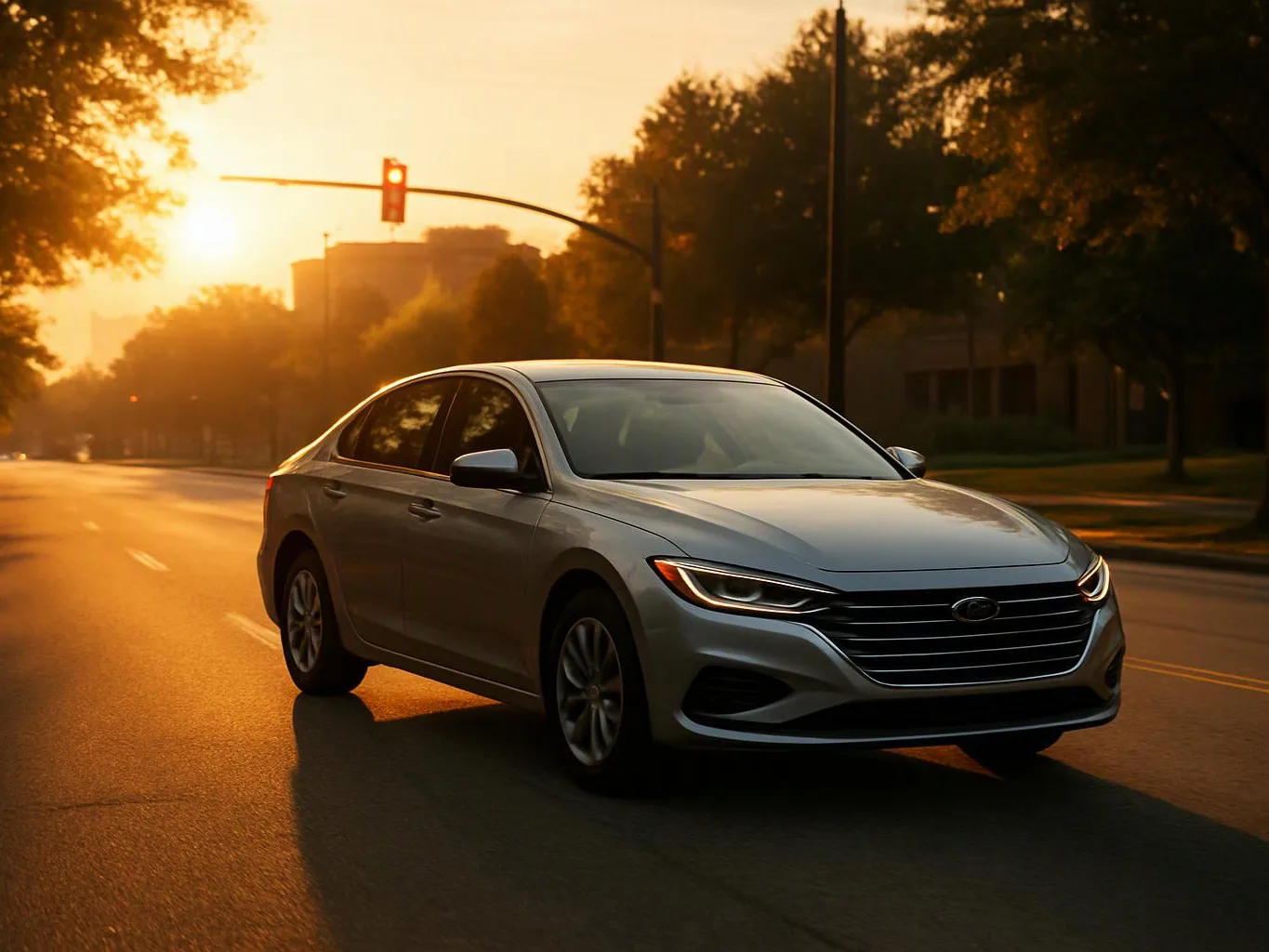 A silver sedan drives on an empty road at sunset under a red traffic light
