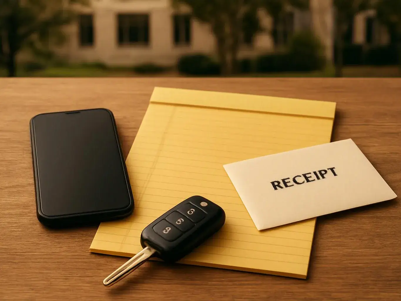 A smartphone, car key fob, notepad, and receipt card rest on a wooden table