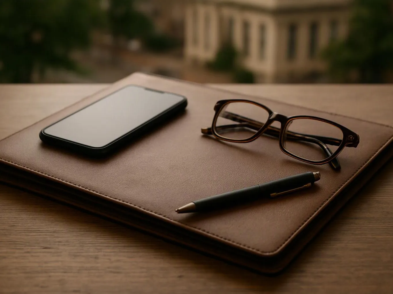 A smartphone, eyeglasses, and a pen rest on a brown leather folder on a wooden table