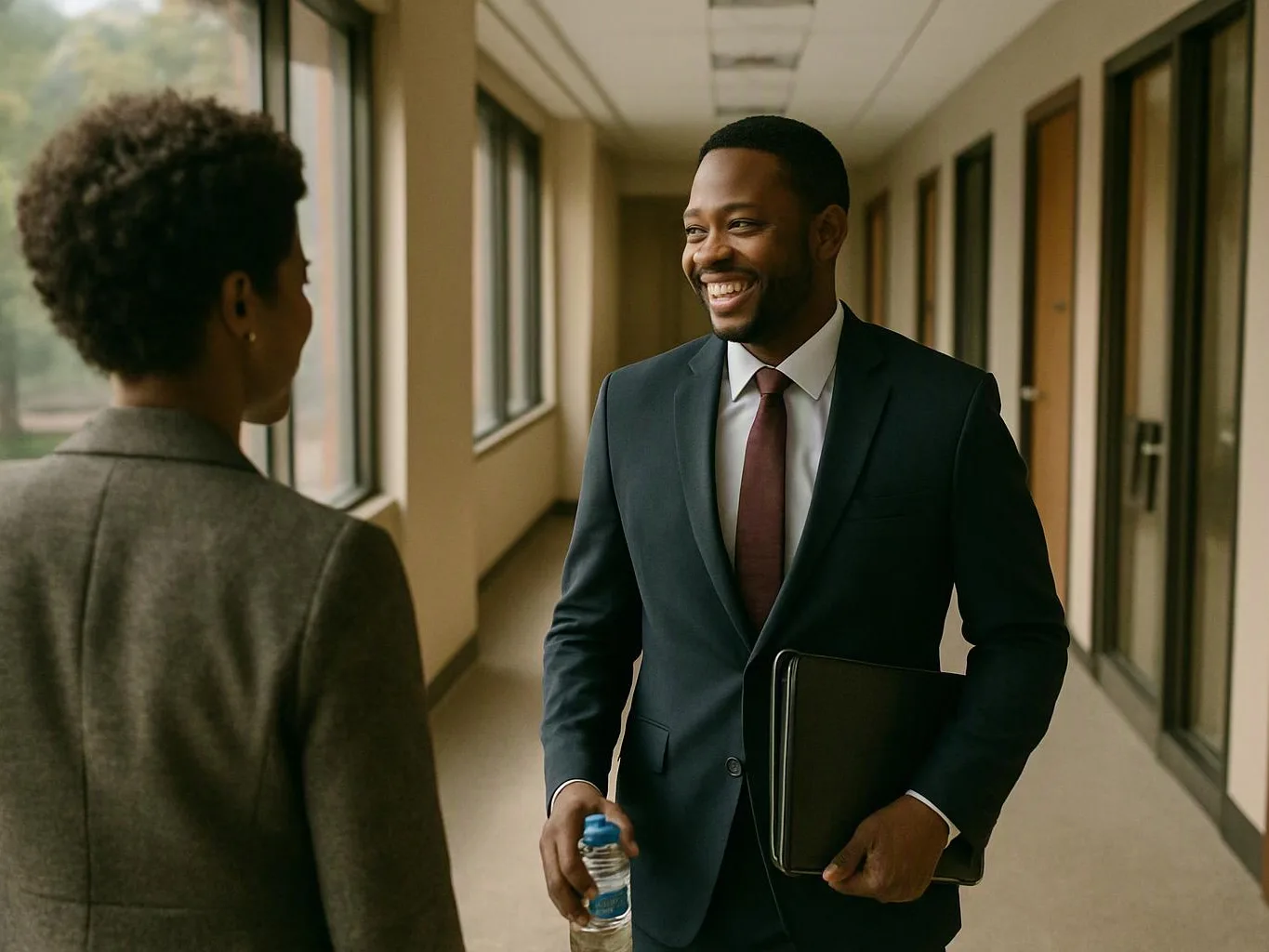 A smiling man in a suit holds a folder and water bottle while talking in a bright hallway