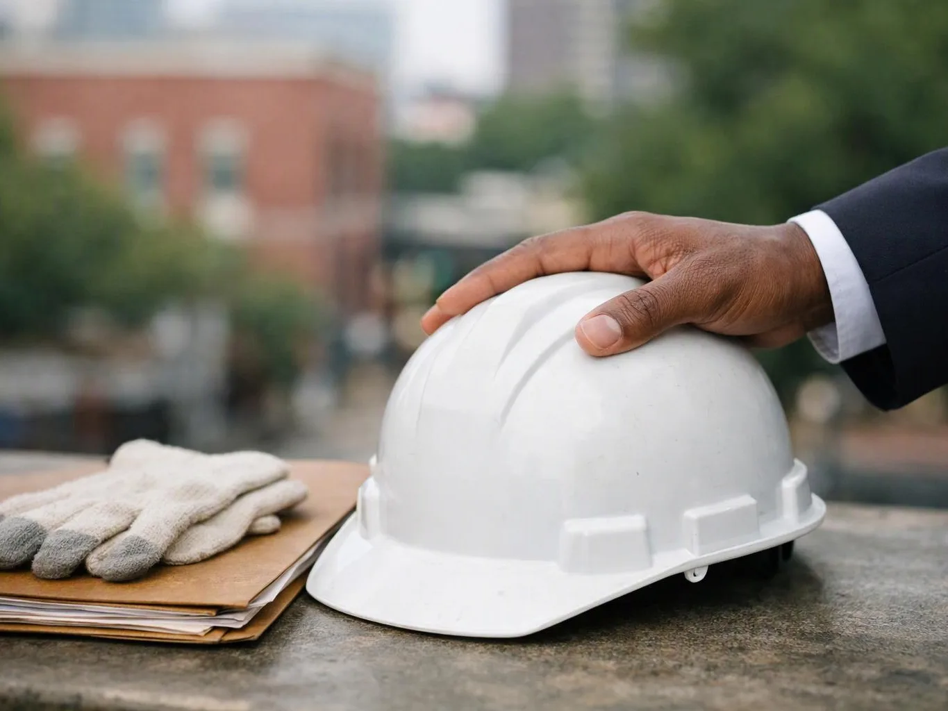 A suited hand rests on a white hard hat beside work gloves and papers on a ledge