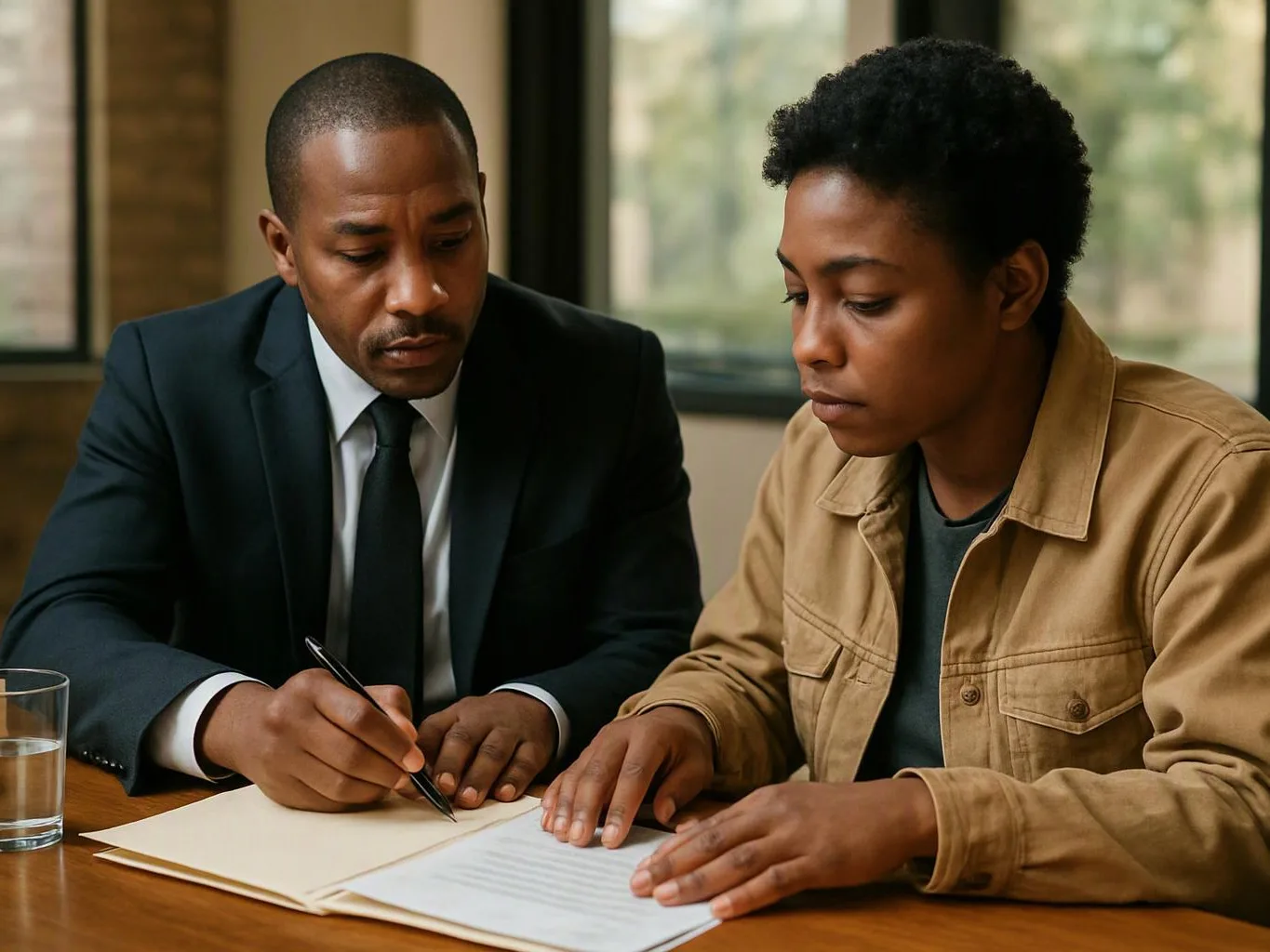 A suited man writes on paperwork beside a focused woman reading at a wooden table indoors