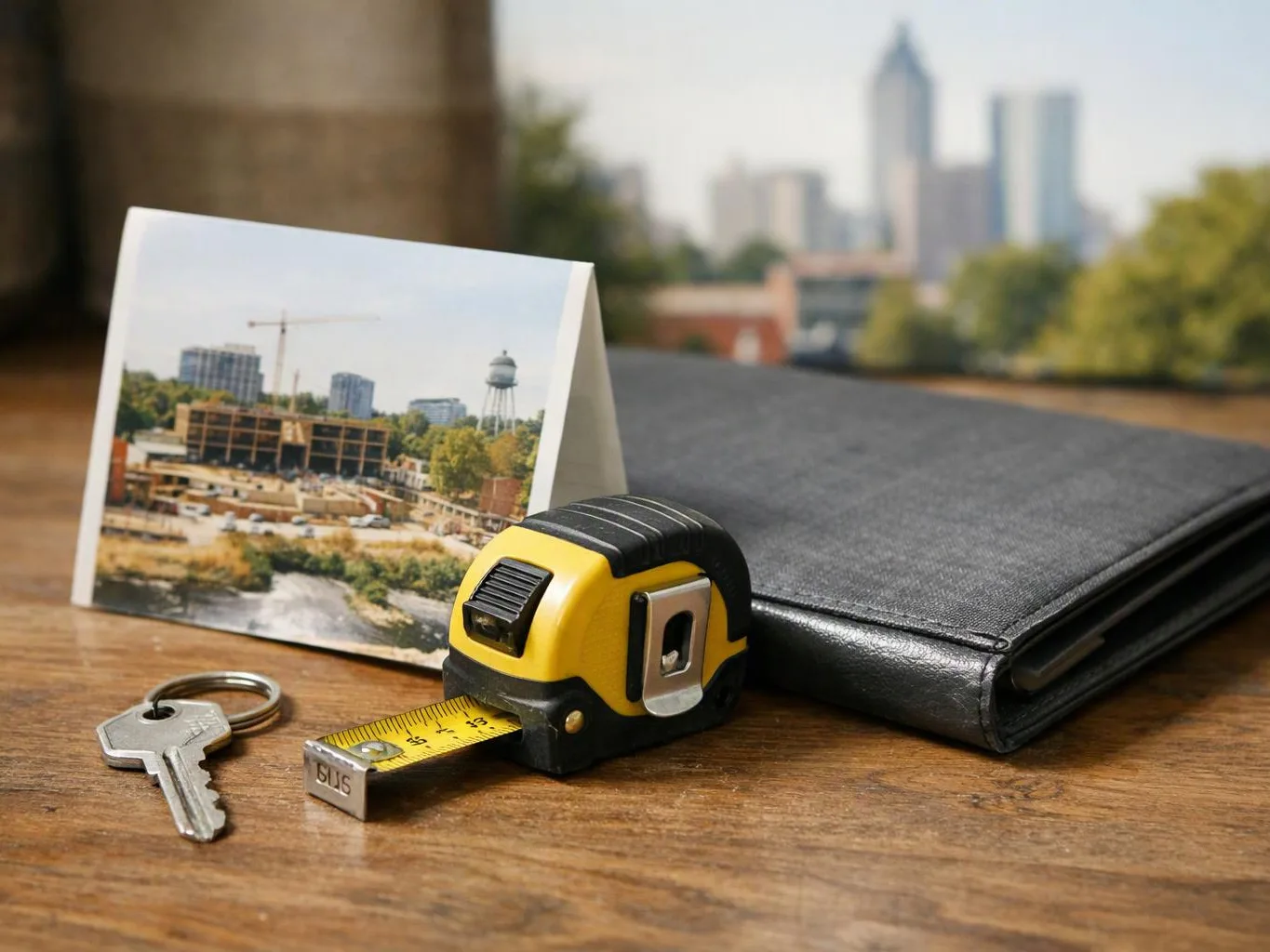 A tape measure, keys, photo card, and black folder sit on a wooden table with a blurred city skyline behind them