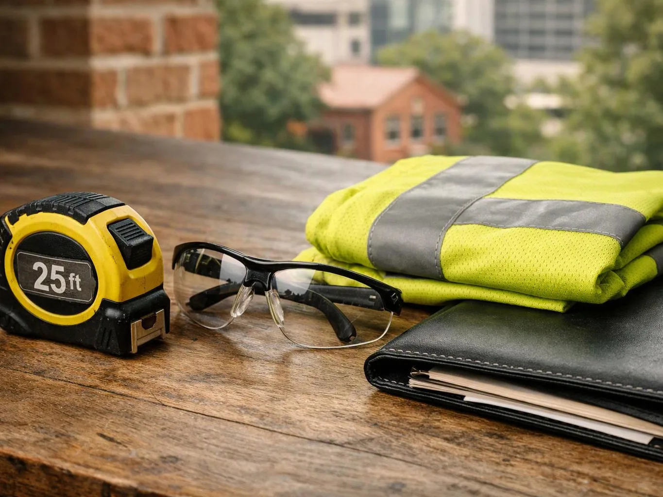 A tape measure, safety glasses, folded reflective vest, and notebook rest on a wooden table outdoors