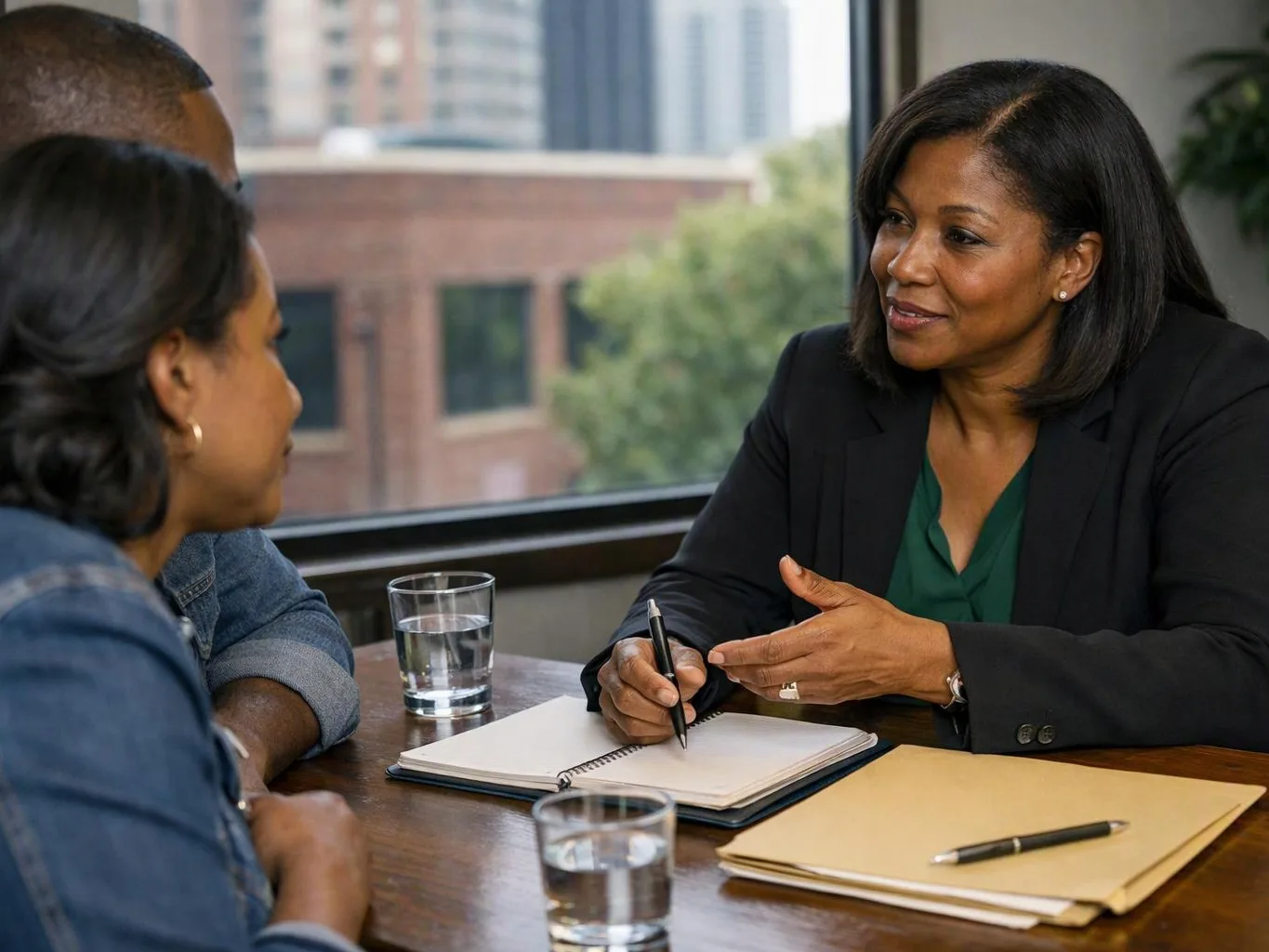 Three people talk at a table as a woman in a blazer takes notes by a window