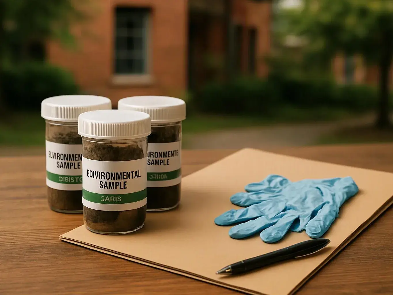 Three sample jars, blue gloves, a pen, and a folder sit on a wooden table outdoors