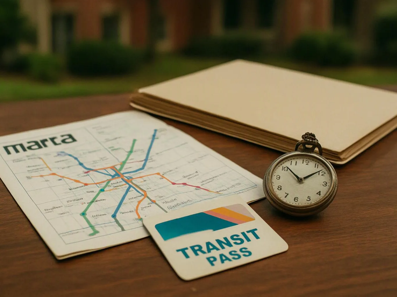 A transit map, pass card, pocket watch, and blank notebook rest on a wooden table