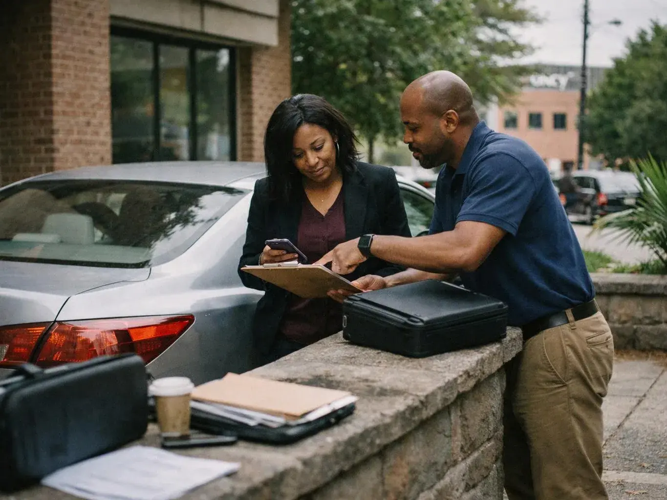 Two adults review a clipboard beside a silver car on a sidewalk outside a brick building