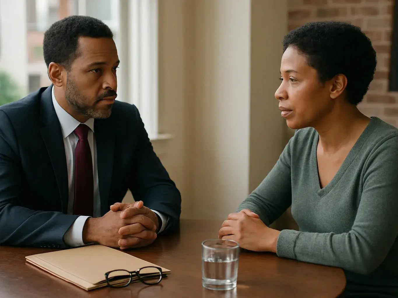 Two adults sit across a table, talking seriously beside a notebook, glasses, and a glass of water