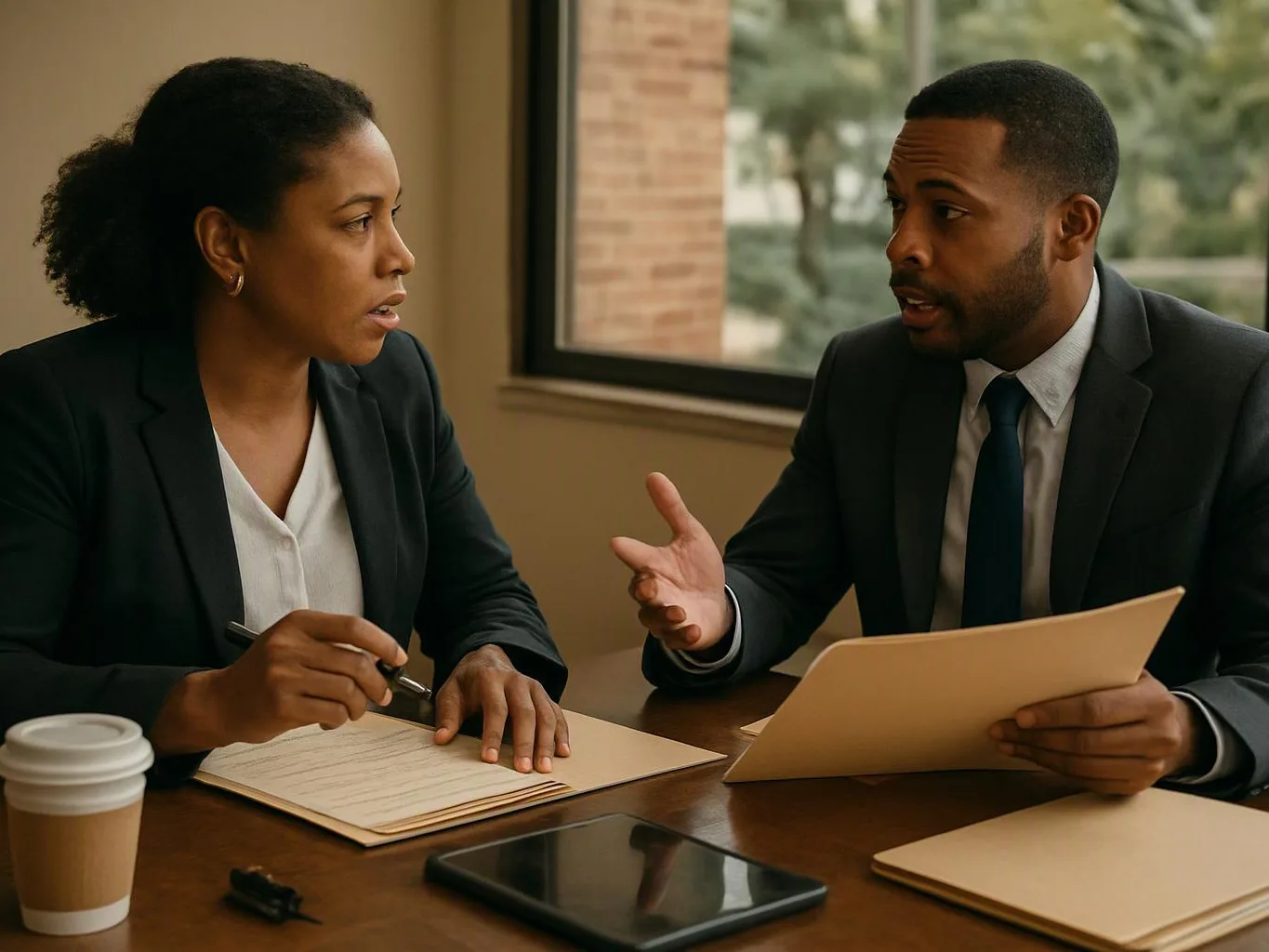 Two coworkers in suits discuss documents at a table beside a window