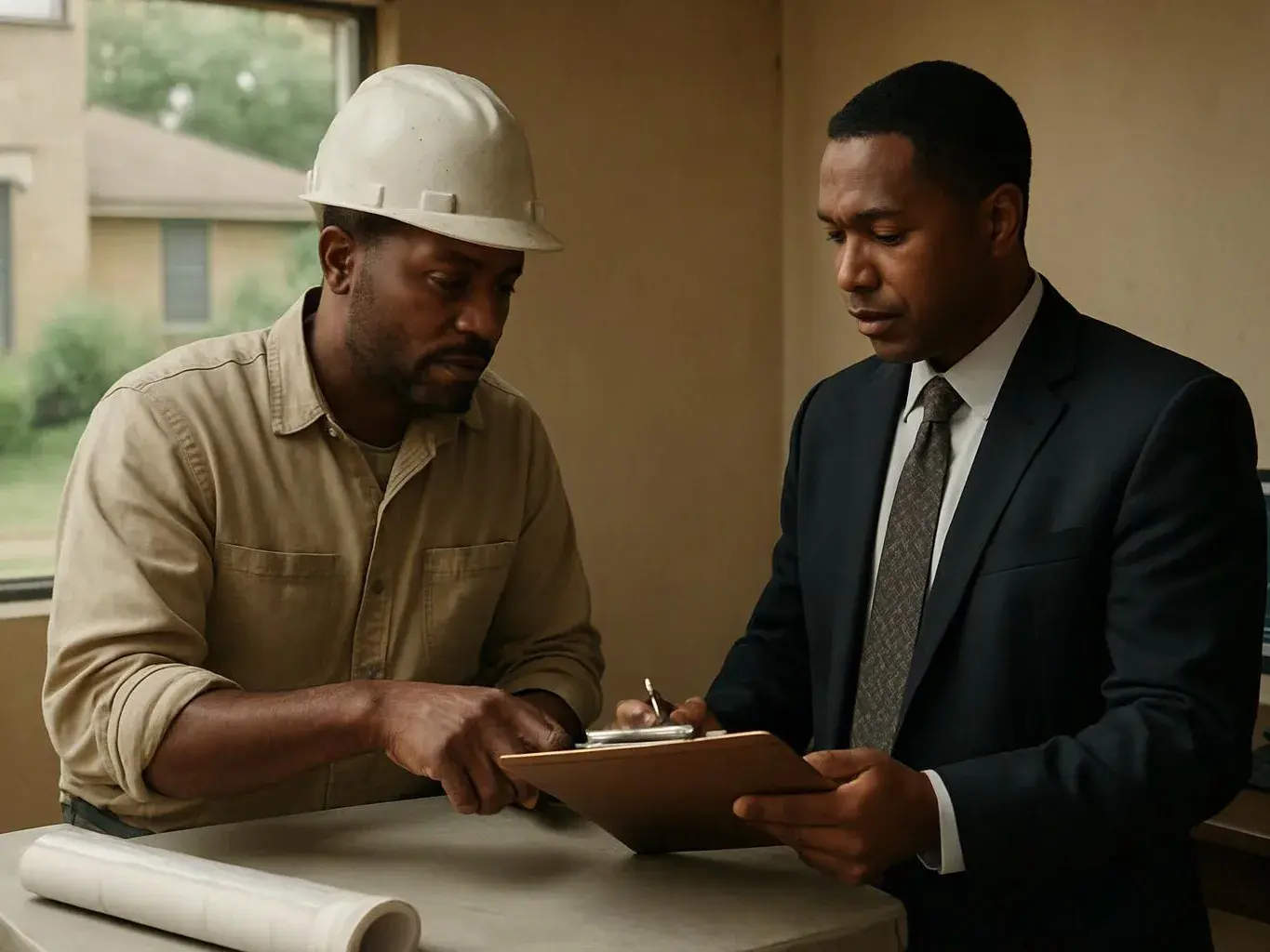 Two men review plans on a clipboard at a table, one in a hard hat and one in a suit