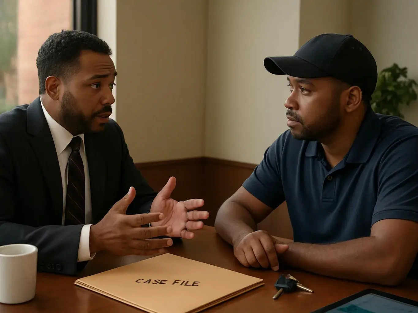Two men sit at a table in discussion, with a case file, keys, a mug, and a tablet in view