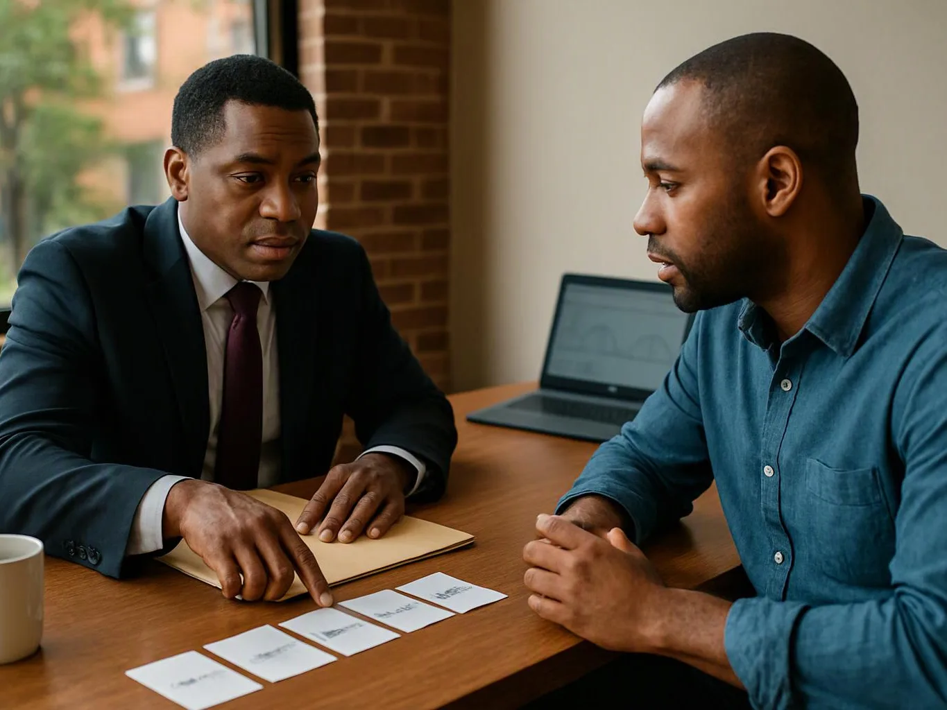 Two men sit at a table, one pointing at cards while the other listens beside an open laptop