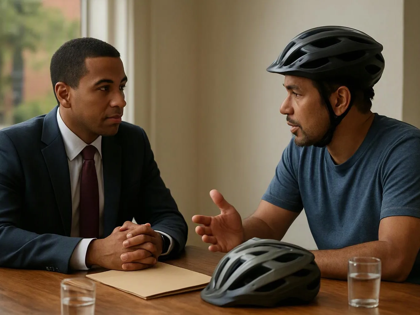 Two men sit at a table, one in a suit listening while the other, wearing a bike helmet, gestures during conversation