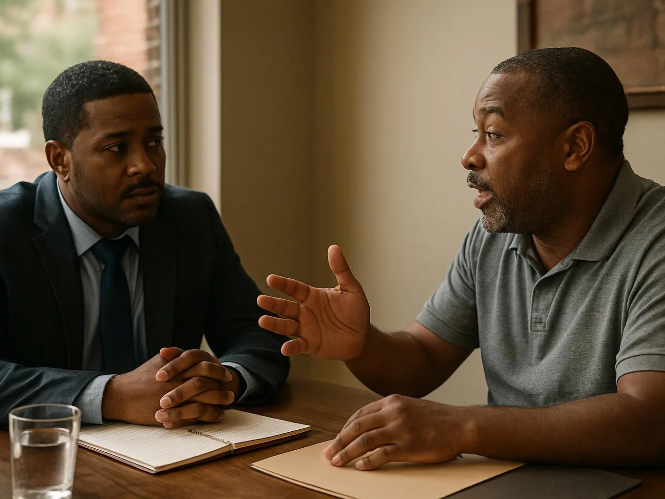 Two men sit at a table talking, one in a suit listening while the other gestures beside an open notebook and glass of water