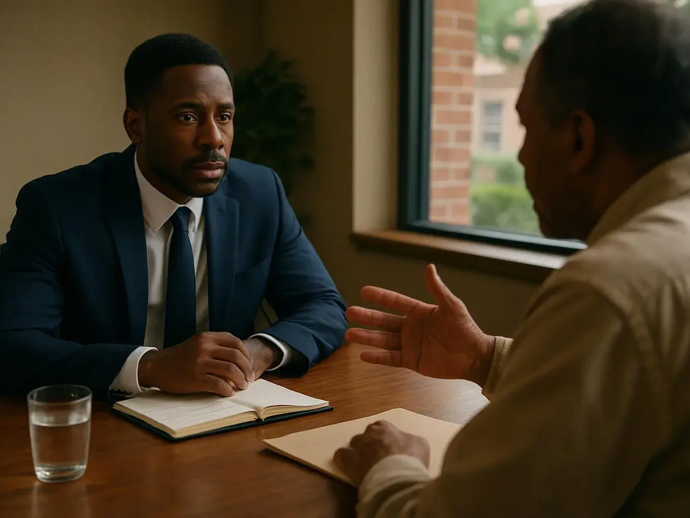 Two men sit at a wooden table in a quiet room, one listening while the other gestures beside an open notebook