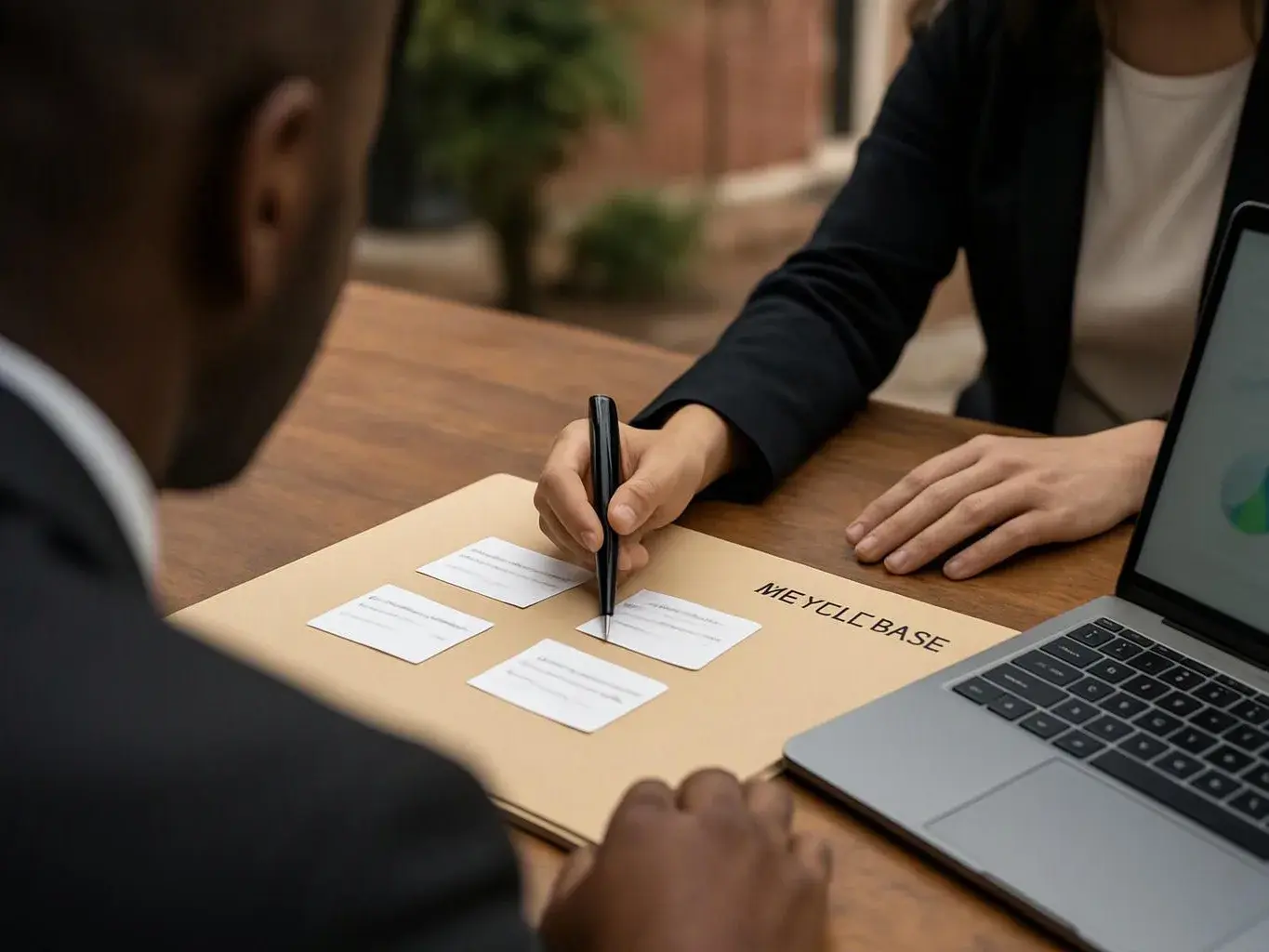 Two people review a folder of cards at a wooden table beside an open laptop