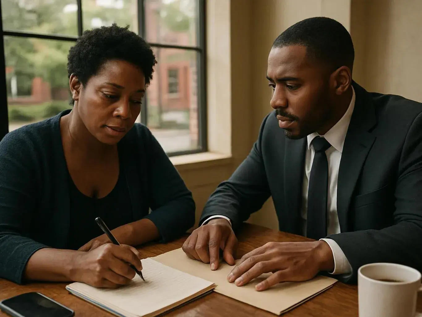 Two people review papers at a wooden table, one writing while the other points inside a quiet room by a window