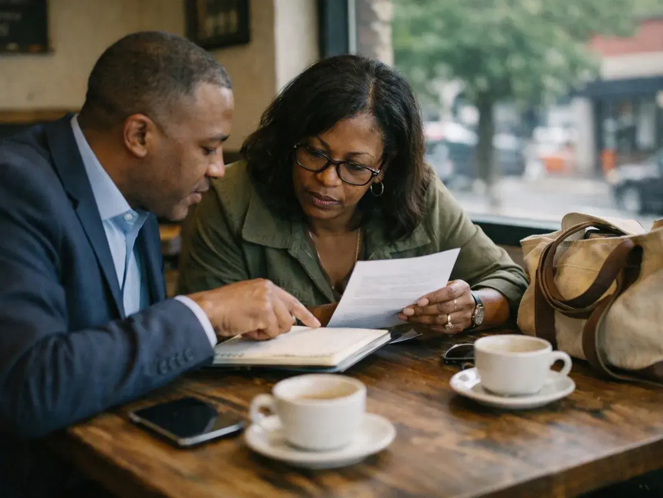 Two people sit at a café table, reading a paper together beside coffee cups, a phone, and a bag