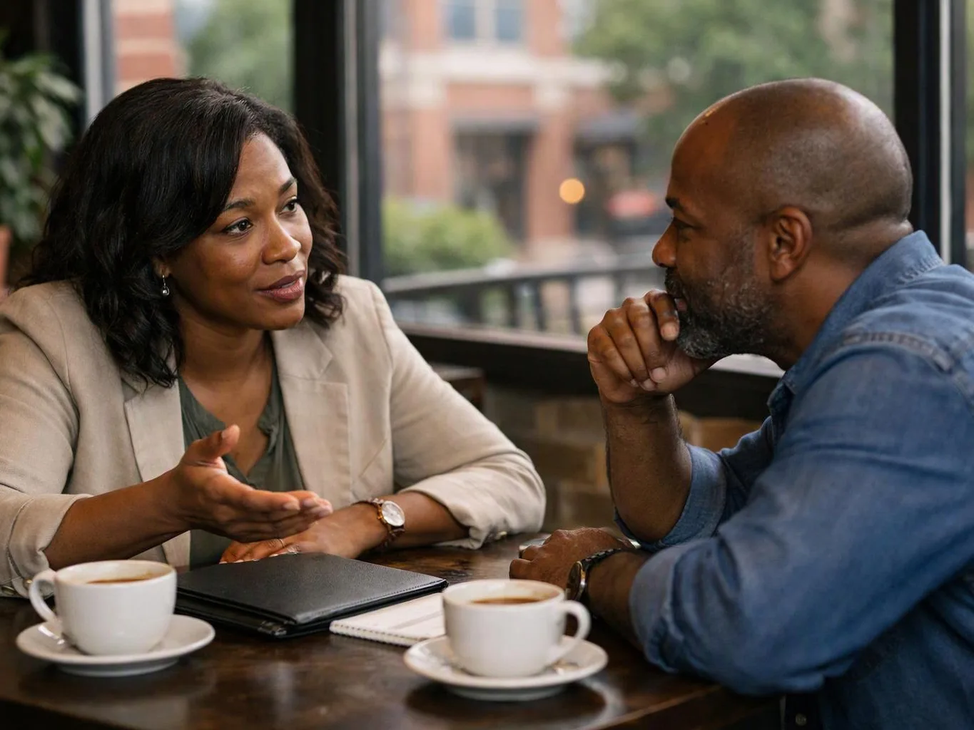 Two people sit at a cafe table, talking over coffee and notebooks