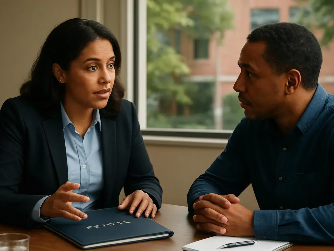 Two people sit at a table, talking beside a window with a notebook and pen in front of them