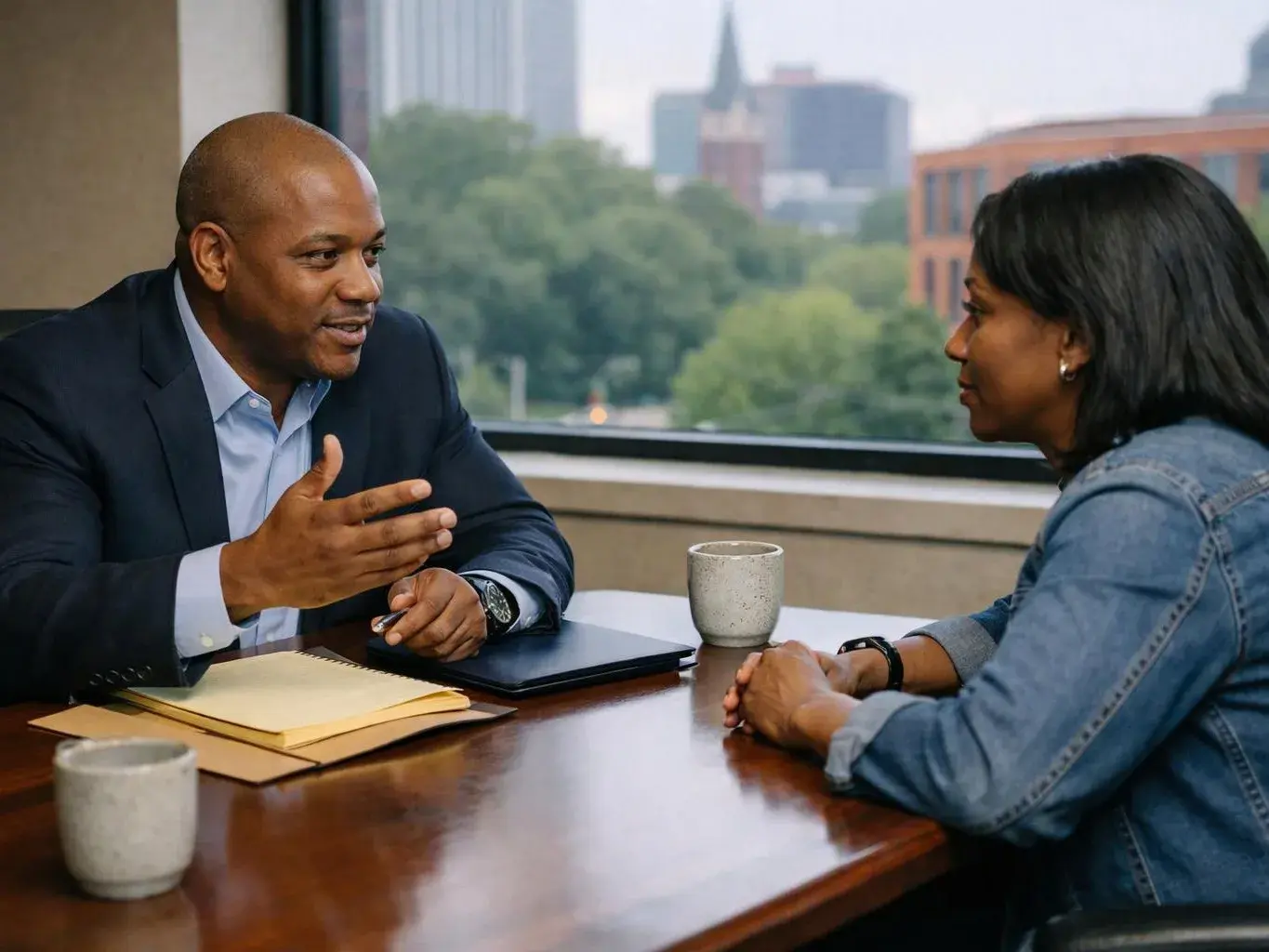 Two people sit at a table talking, with notebooks and mugs beside them and a city view behind them