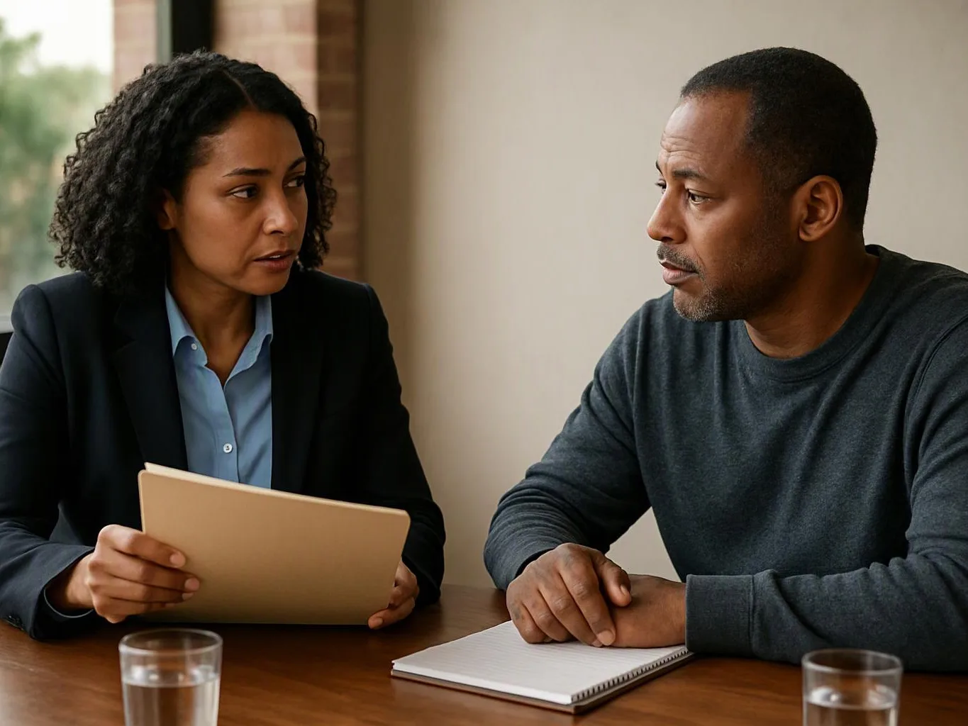 Two people sit at a table, talking over a folder and a notebook in a plain room