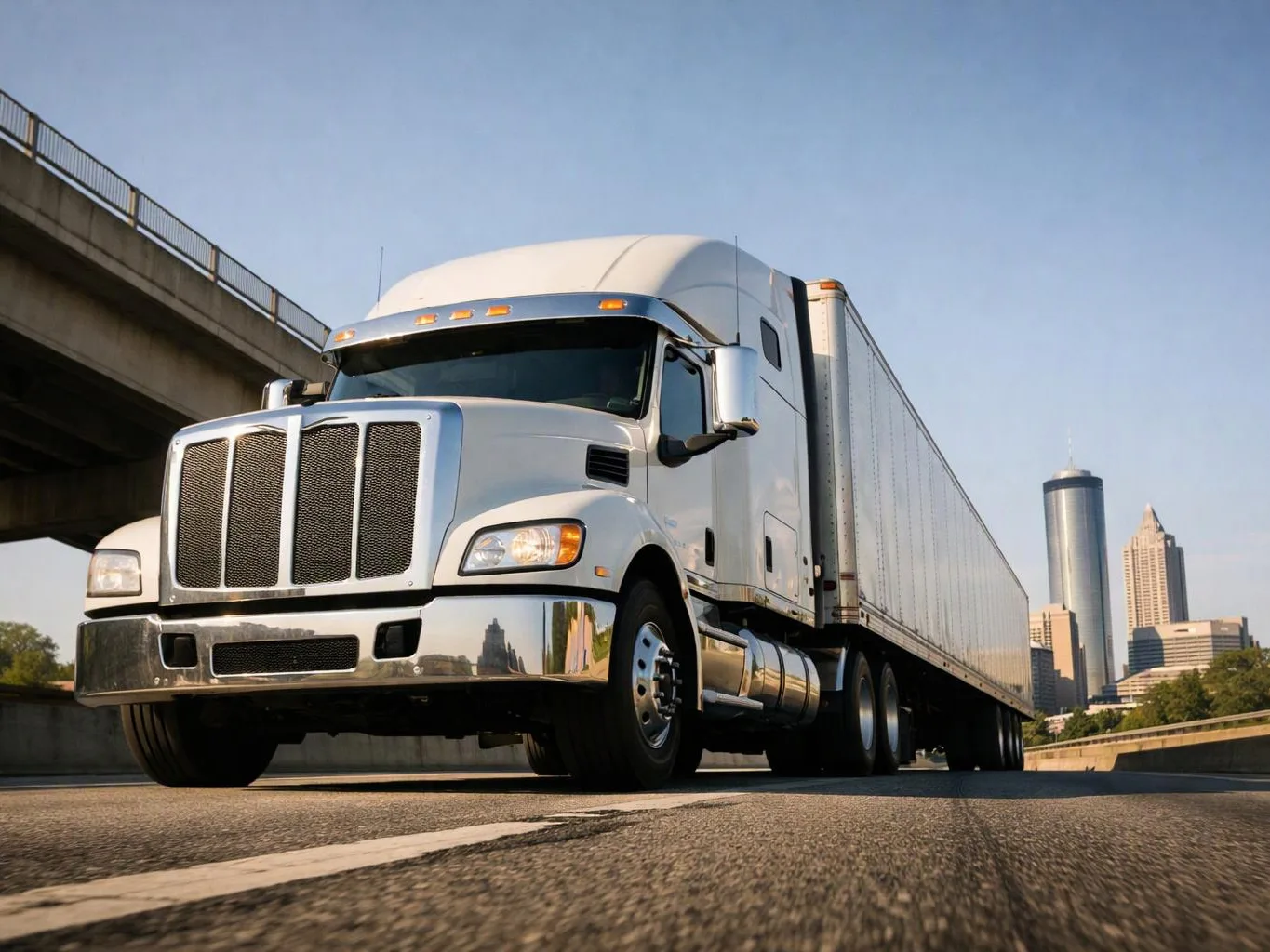 A white semi truck drives on a highway beside an overpass with a city skyline in the background