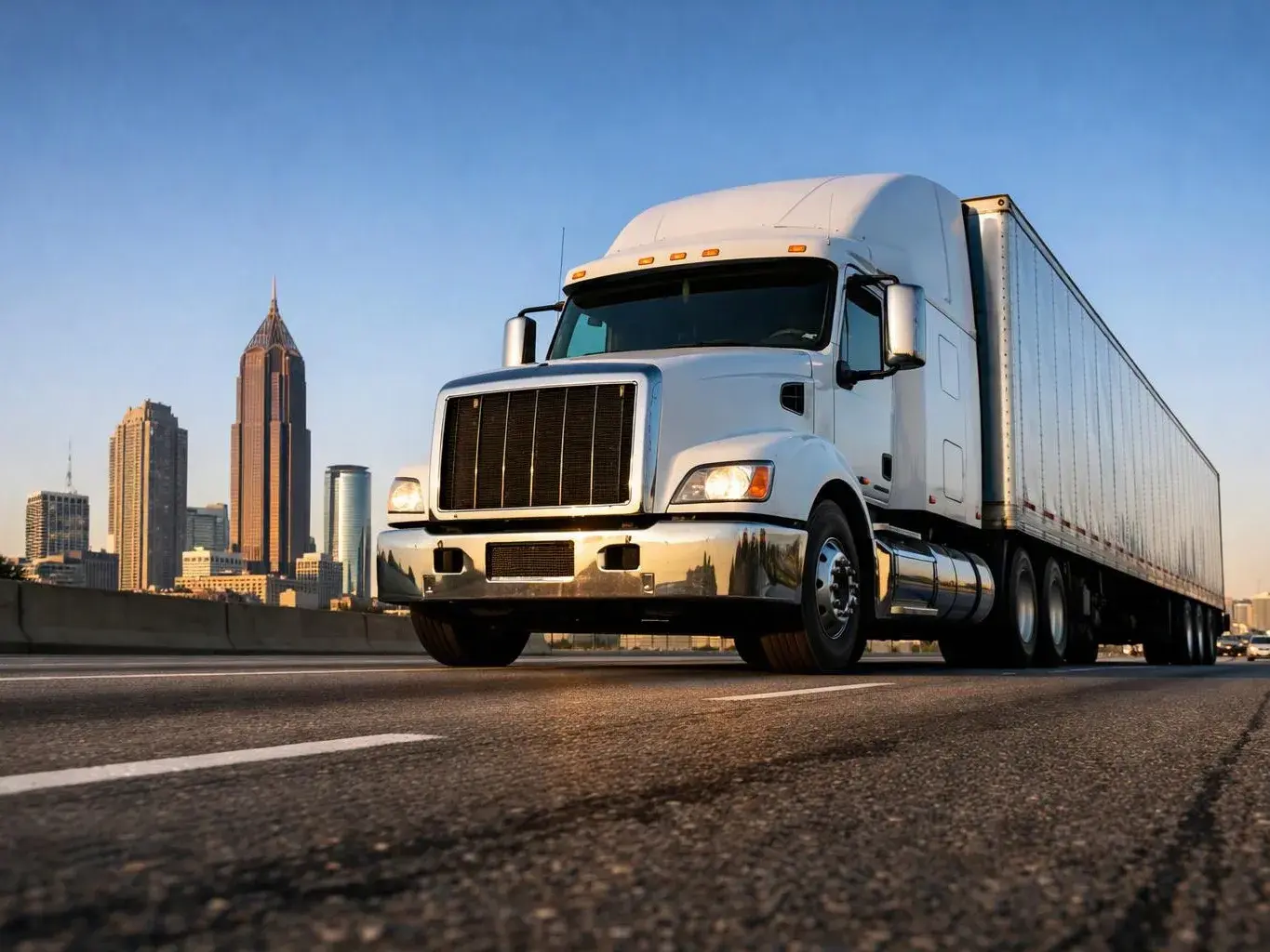 A white semi truck drives on a highway with tall city buildings and a clear blue sky behind it
