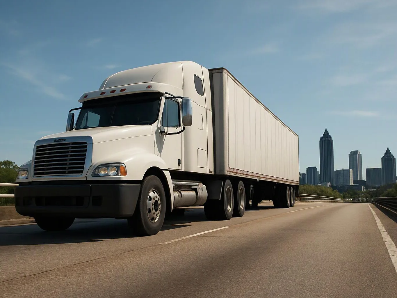 A white semi truck drives on an open highway with a city skyline in the distance