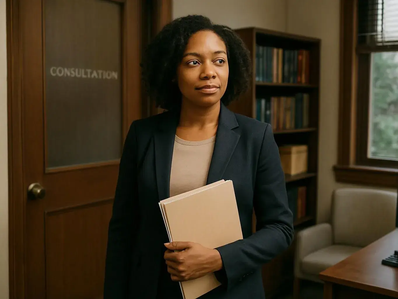 A woman in a blazer holds folders in a consultation room with bookshelves, a chair, and a window