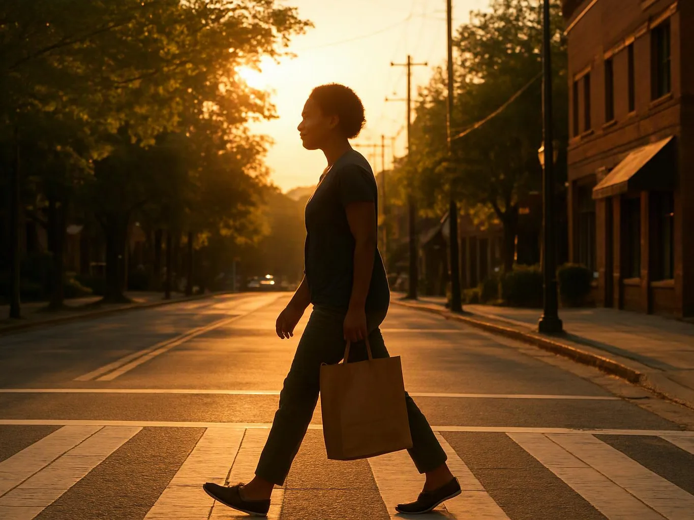 A woman walks across a sunlit crosswalk carrying a shopping bag on a quiet street at sunset