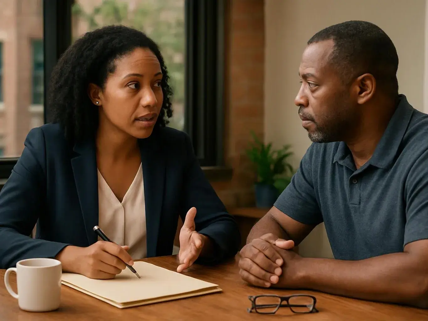 A woman writes in a notebook while talking with a man across a table in a bright room