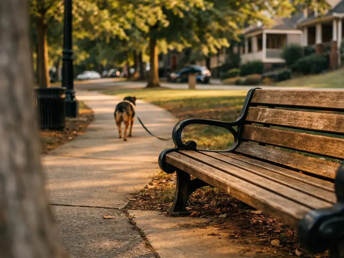 A wooden park bench sits beside a tree-lined sidewalk, with a dog walking away in the distance