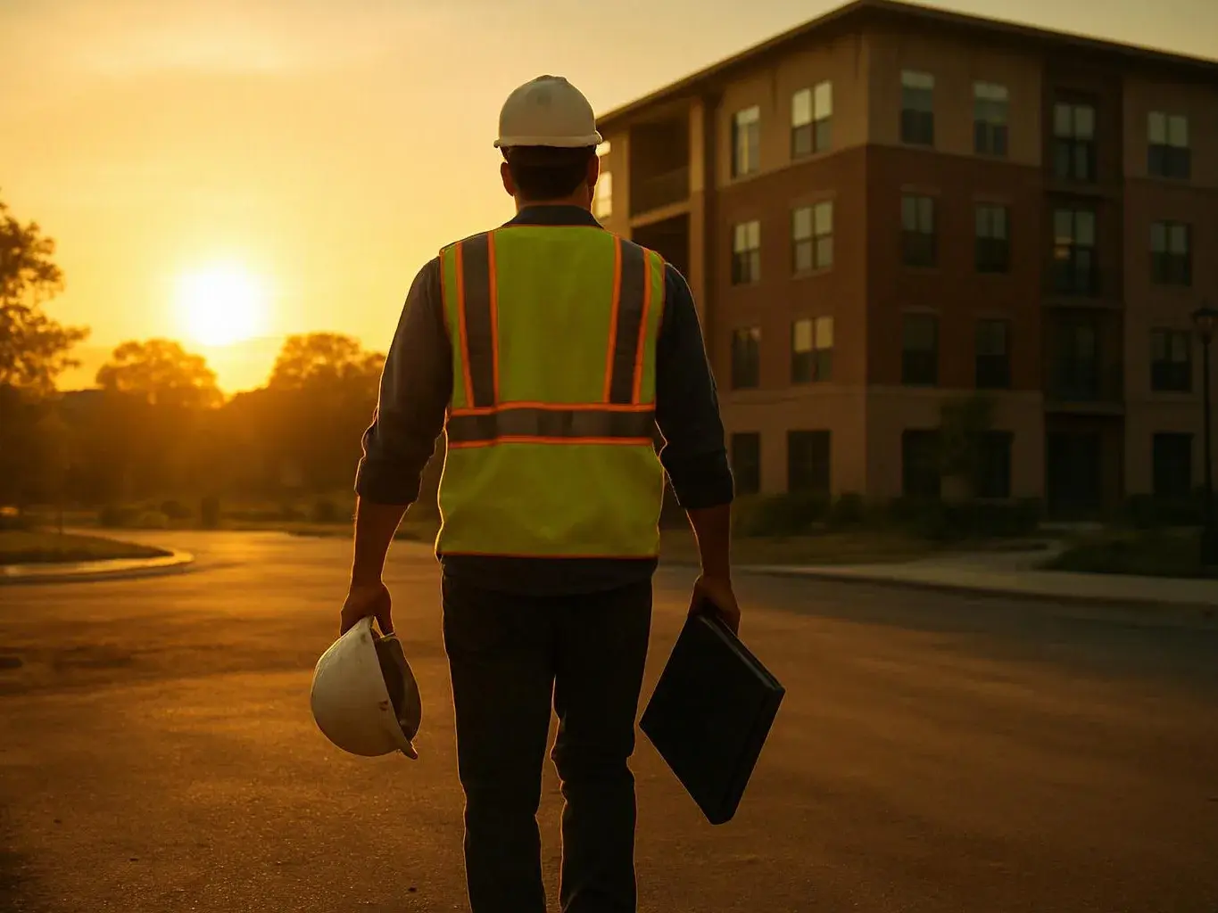 A worker in a hard hat and safety vest walks down a road at sunset, carrying a helmet and a tablet