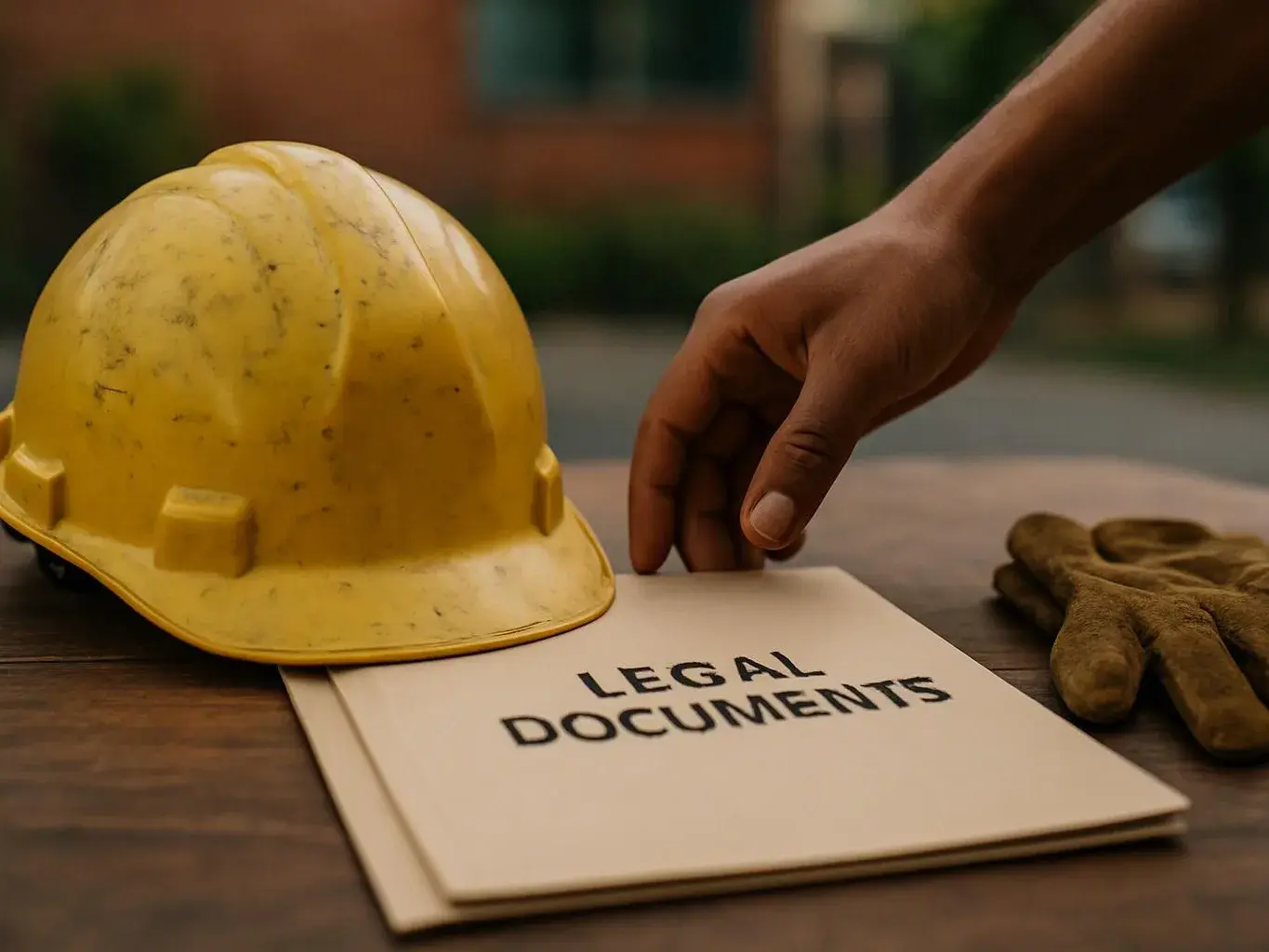 A yellow hard hat, work gloves, and a hand rest beside a folder labeled “LEGAL DOCUMENTS” on a table