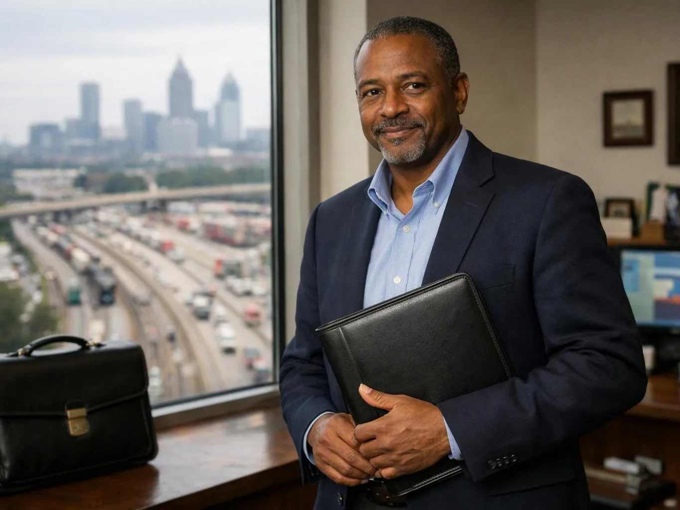 A man in a suit holds a black portfolio beside an office window with a city skyline behind him